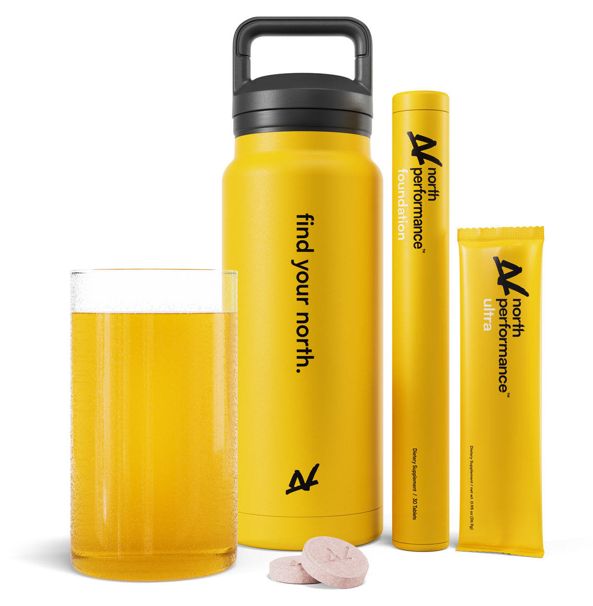 Group shot showing the NORTH Performance product family, as well as a yellow NORTH Performance drink bottle.
