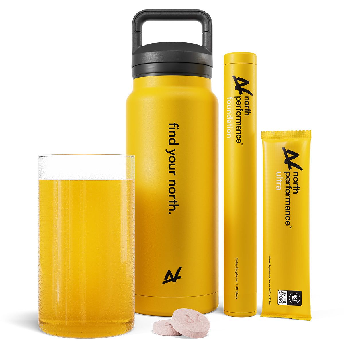 NORTH Performance product family including Foundation and Ultra, as well as the NORTH drink bottle.