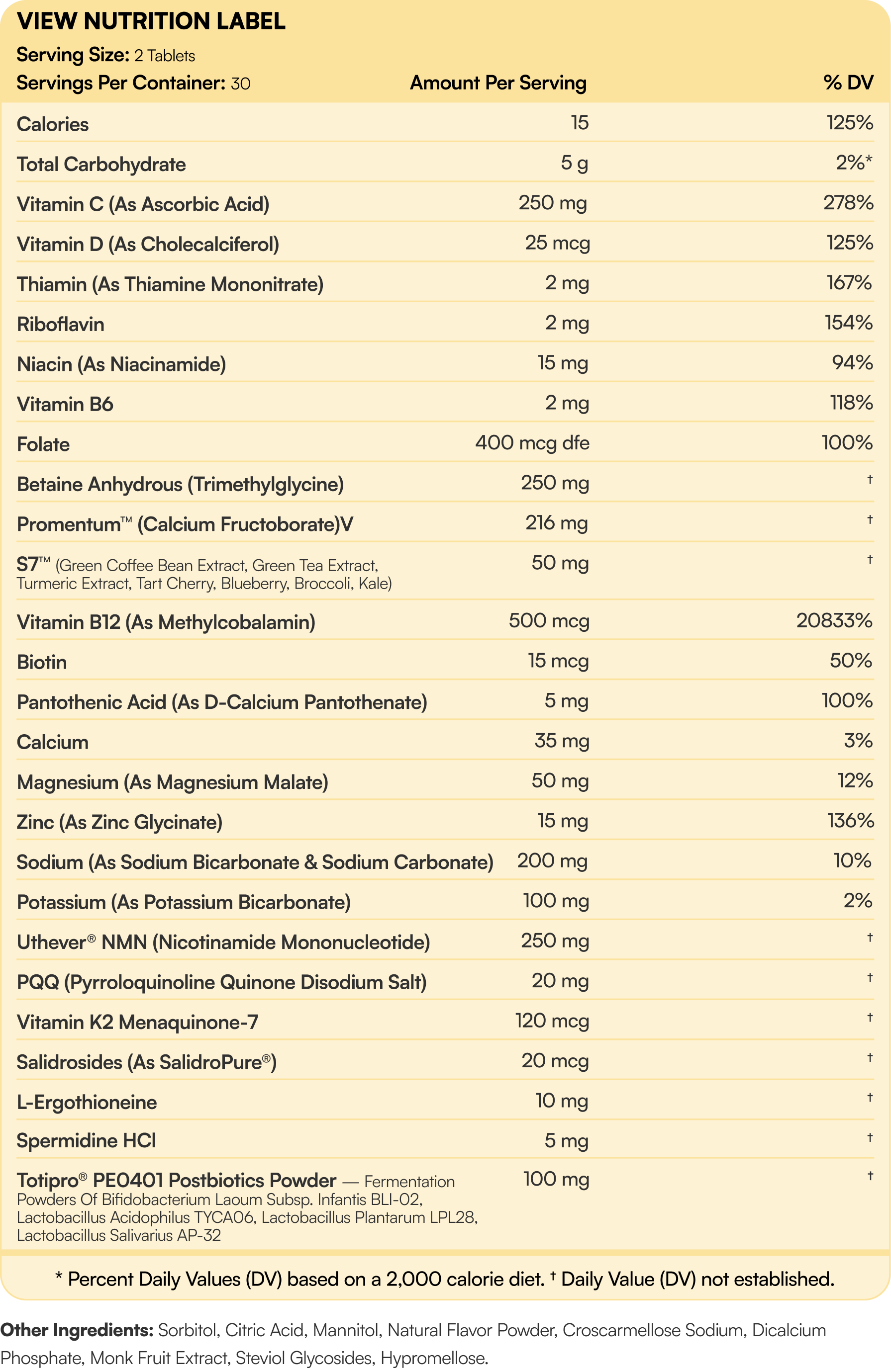 Tablets nutrition information